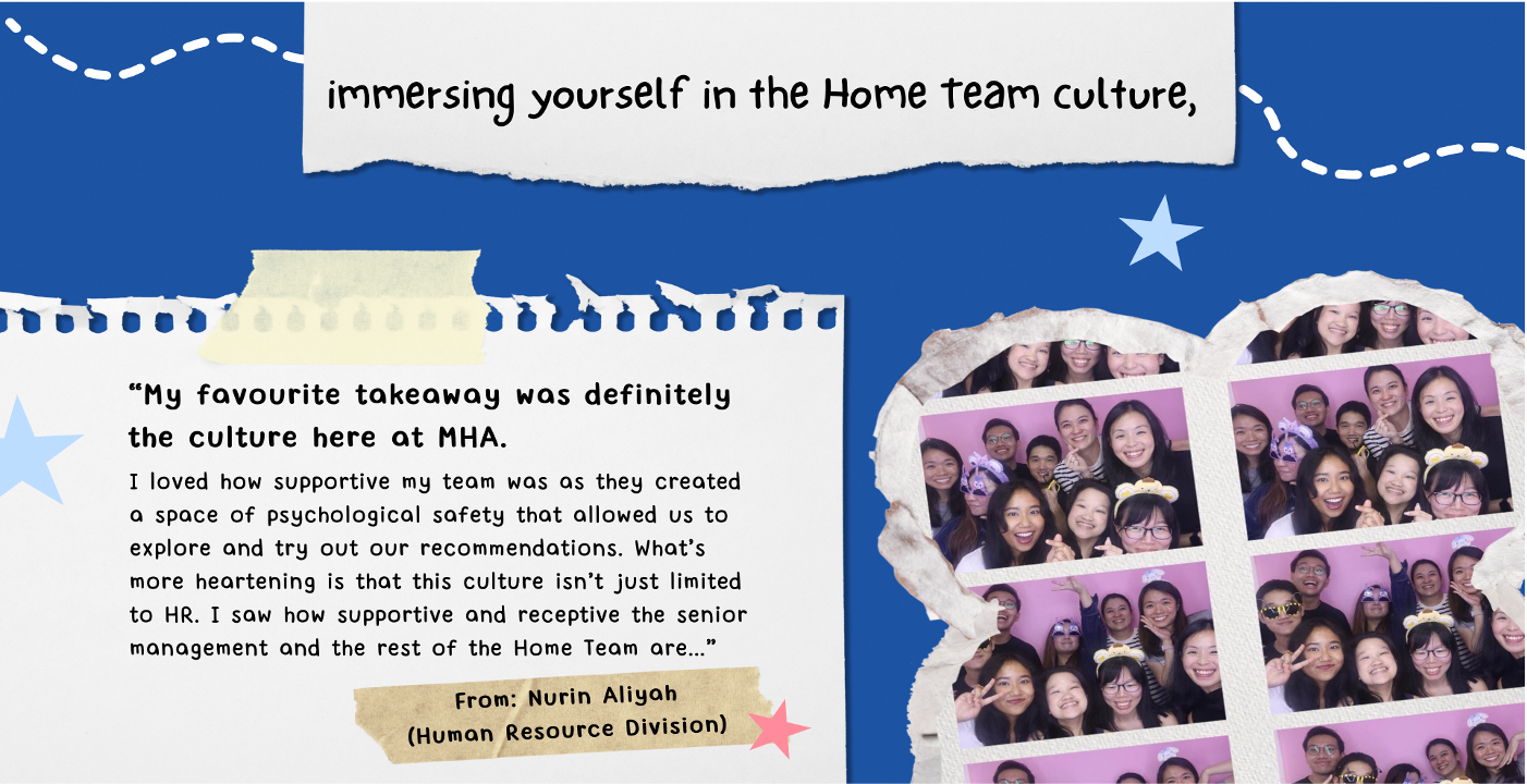 Collage with text about MHA culture, photos of smiling team members, and torn paper edges.